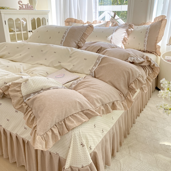 91家纺网 家纺一手货源 找家纺 皇谱家纺 2025新款A类有氧木棉床裙四件套 淑女屋-米黄