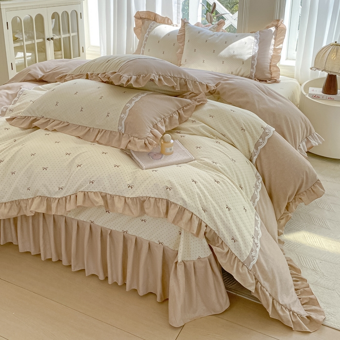 91家纺网 家纺一手货源 找家纺 皇谱家纺 2025新款A类有氧木棉床裙四件套 淑女屋-米黄