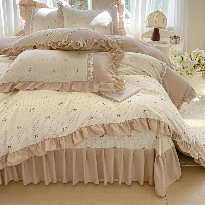 91家纺网 家纺一手货源 找家纺 皇谱家纺 2025新款A类有氧木棉床裙四件套 淑女屋-米黄