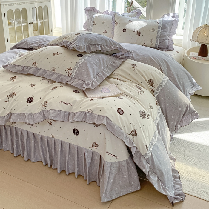 91家纺网 家纺一手货源 找家纺 皇谱家纺 2025新款A类有氧木棉床裙四件套 香奈时尚-米