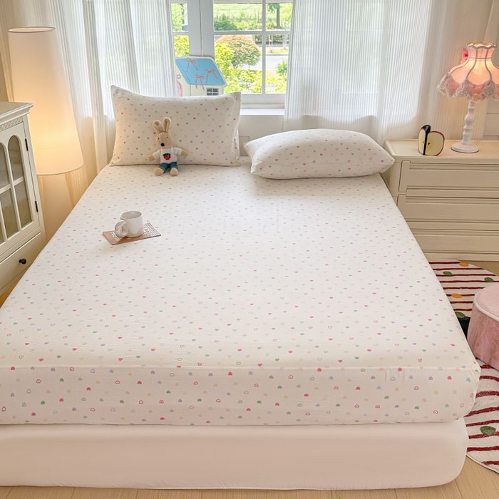 91家纺网 家纺一手货源 找家纺 温眠家纺 2025春夏新款A类云感棉双层纱床笠单床笠枕套三件套 浪漫邂逅