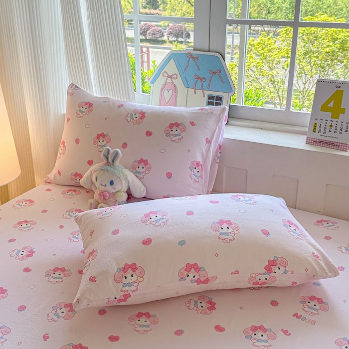 91家纺网 家纺一手货源 找家纺 温眠家纺 2025春夏新款A类云感棉双层纱床笠单床笠枕套三件套 莓乐蒂