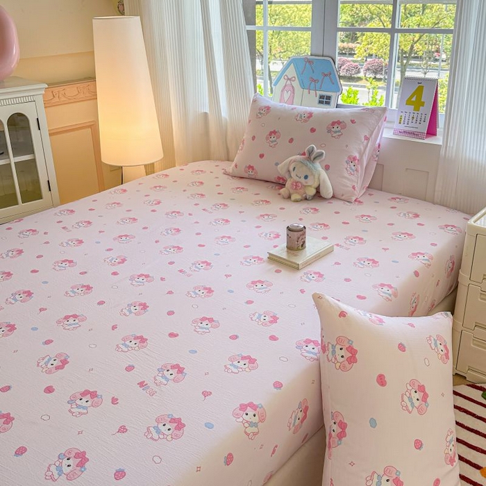 91家纺网 家纺一手货源 找家纺 温眠家纺 2025春夏新款A类云感棉双层纱床笠单床笠枕套三件套 莓乐蒂