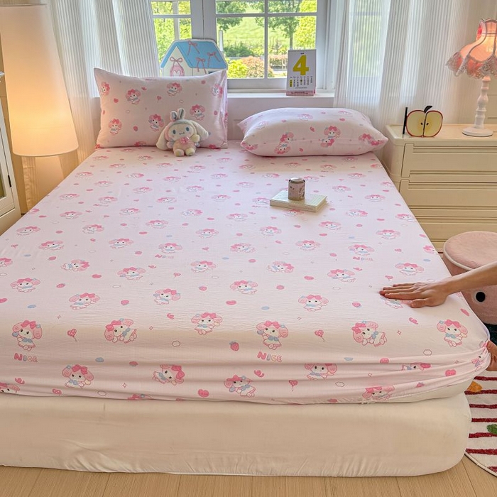 91家纺网 家纺一手货源 找家纺 温眠家纺 2025春夏新款A类云感棉双层纱床笠单床笠枕套三件套 莓乐蒂