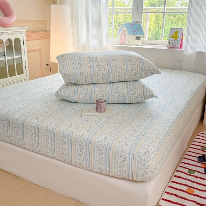 91家纺网 家纺一手货源 找家纺 温眠家纺 2025春夏新款A类云感棉双层纱床笠单床笠枕套三件套 洛克庄园