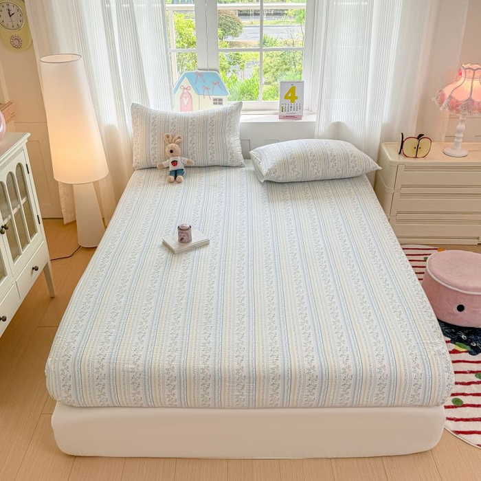 91家纺网 家纺一手货源 找家纺 温眠家纺 2025春夏新款A类云感棉双层纱床笠单床笠枕套三件套 洛克庄园