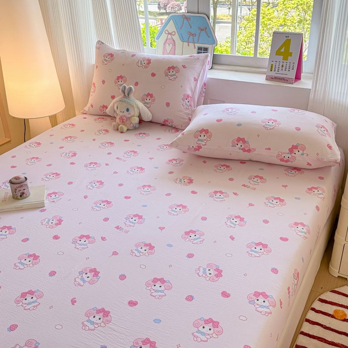 91家纺网 家纺一手货源 找家纺 温眠家纺 2025春夏新款A类云感棉双层纱床笠单床笠枕套三件套 莓乐蒂