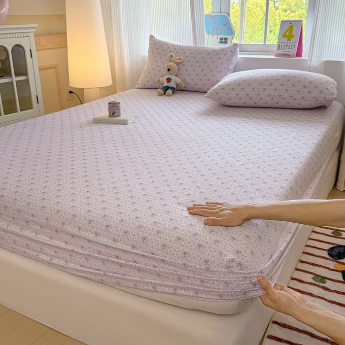 91家纺网 家纺一手货源 找家纺 温眠家纺 2025春夏新款A类云感棉双层纱床笠单床笠枕套三件套 琉璃瓦梦