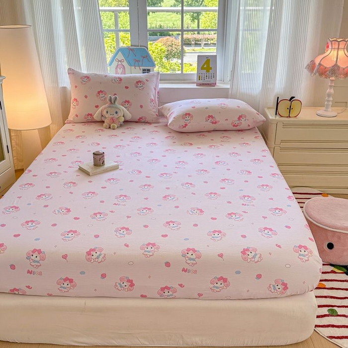 91家纺网 家纺一手货源 找家纺 温眠家纺 2025春夏新款A类云感棉双层纱床笠单床笠枕套三件套 莓乐蒂