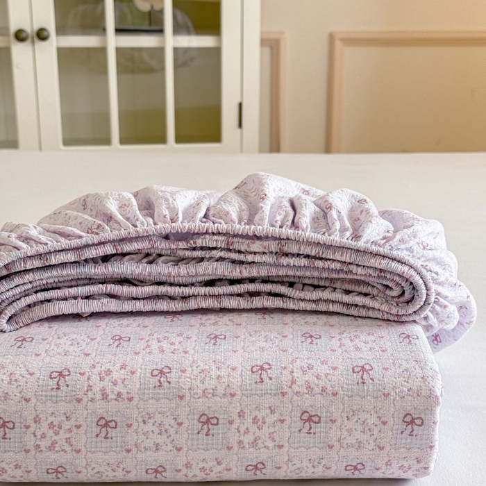 91家纺网 家纺一手货源 找家纺 温眠家纺 2025春夏新款A类云感棉双层纱床笠单床笠枕套三件套 琉璃瓦梦