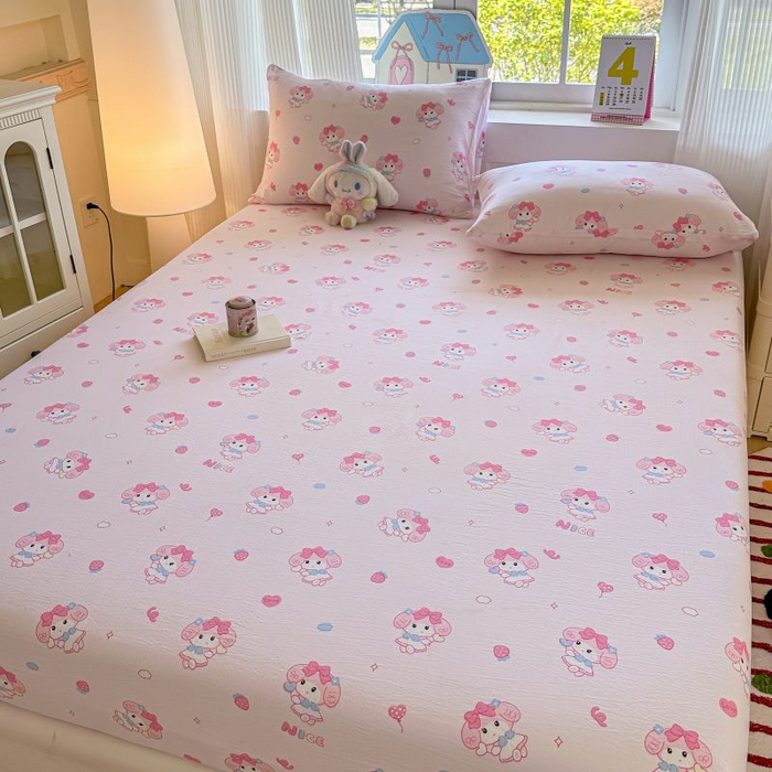 91家纺网 家纺一手货源 找家纺 温眠家纺 2025春夏新款A类云感棉双层纱床笠单床笠枕套三件套 莓乐蒂