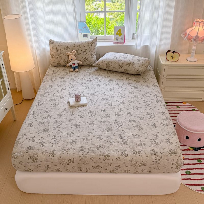 91家纺网 家纺一手货源 找家纺 温眠家纺 2025春夏新款A类云感棉双层纱床笠单床笠枕套三件套 秋风萧瑟