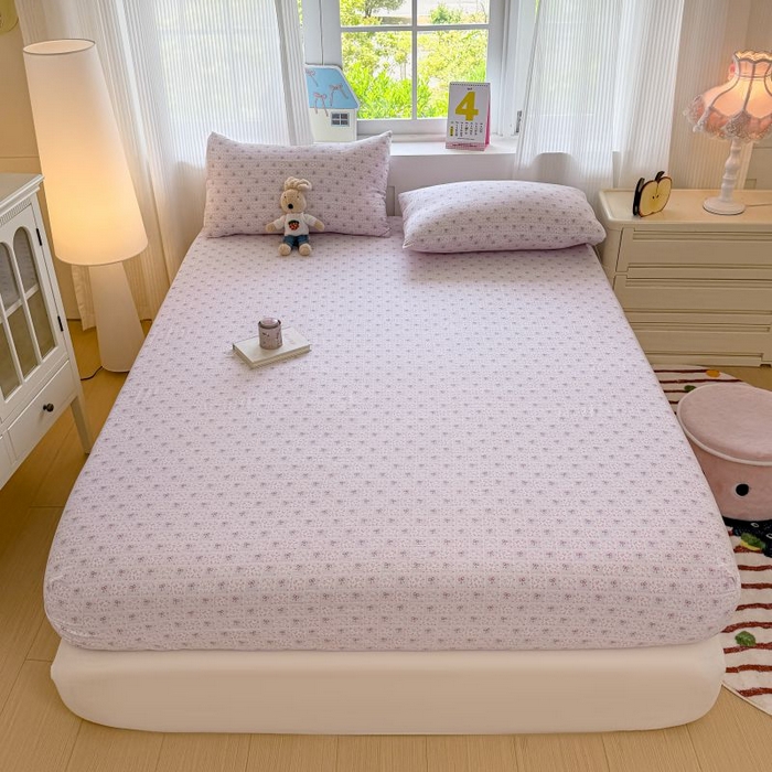 91家纺网 家纺一手货源 找家纺 温眠家纺 2025春夏新款A类云感棉双层纱床笠单床笠枕套三件套 琉璃瓦梦