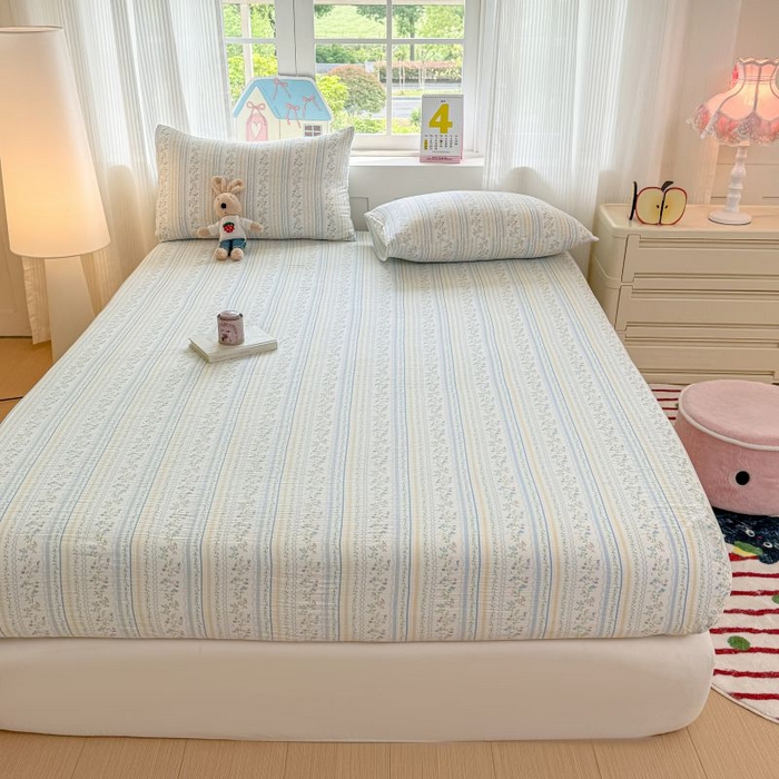 91家纺网 家纺一手货源 找家纺 温眠家纺 2025春夏新款A类云感棉双层纱床笠单床笠枕套三件套 洛克庄园