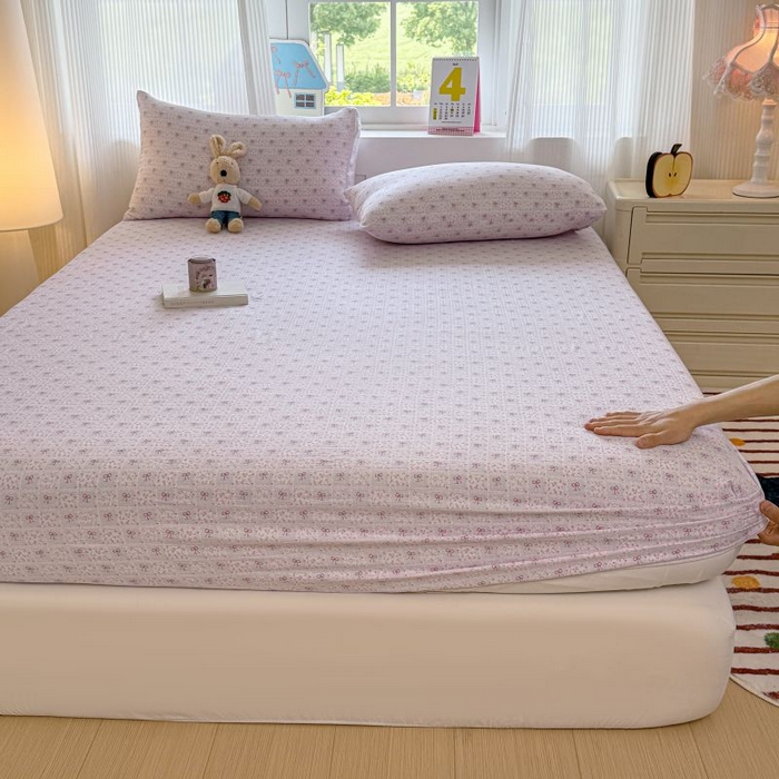 91家纺网 家纺一手货源 找家纺 温眠家纺 2025春夏新款A类云感棉双层纱床笠单床笠枕套三件套 琉璃瓦梦