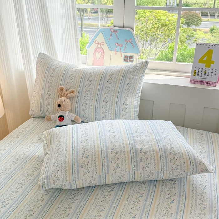 91家纺网 家纺一手货源 找家纺 温眠家纺 2025春夏新款A类云感棉双层纱床笠单床笠枕套三件套 洛克庄园