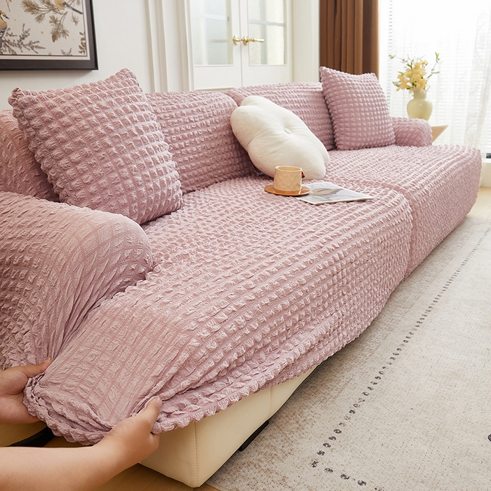 91家纺网 家纺一手货源 找家纺 （总）丝绮鹿 2025新款泡泡爆米花系列—直排松紧款沙发套