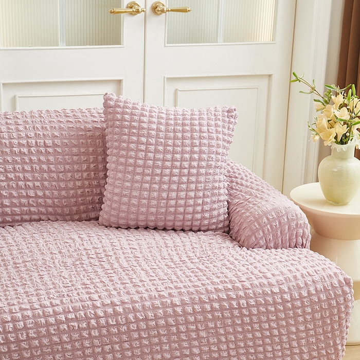 91家纺网 家纺一手货源 找家纺 丝绮鹿 2025新款泡泡爆米花系列—直排松紧款沙发套 粉色