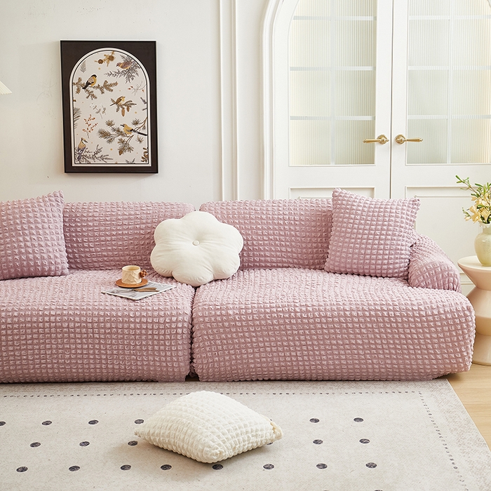 91家纺网 家纺一手货源 找家纺 丝绮鹿 2025新款泡泡爆米花系列—直排松紧款沙发套 粉色