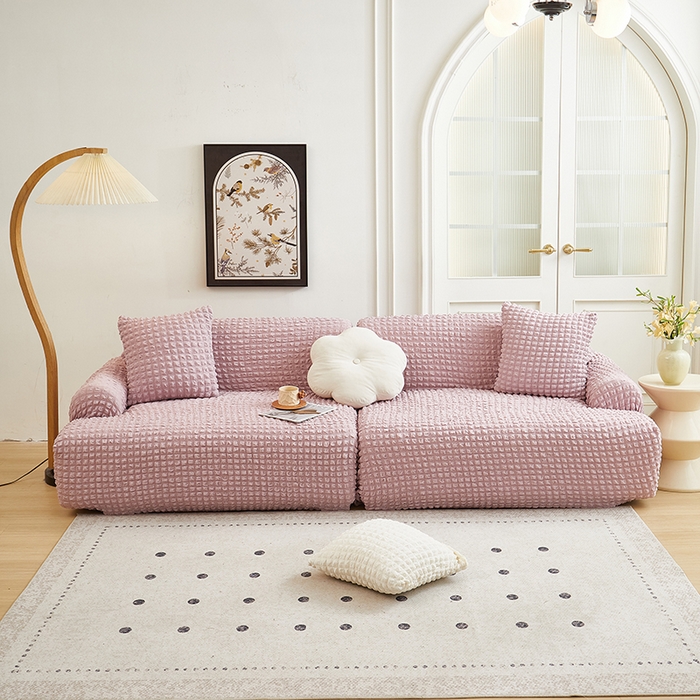 91家纺网 家纺一手货源 找家纺 丝绮鹿 2025新款泡泡爆米花系列—直排松紧款沙发套 粉色