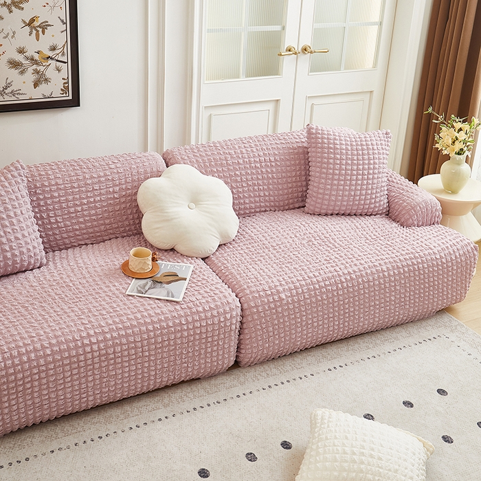 91家纺网 家纺一手货源 找家纺 丝绮鹿 2025新款泡泡爆米花系列—直排松紧款沙发套 粉色