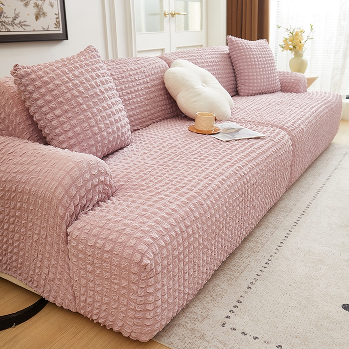 91家纺网 家纺一手货源 找家纺 丝绮鹿 2025新款泡泡爆米花系列—直排松紧款沙发套 粉色