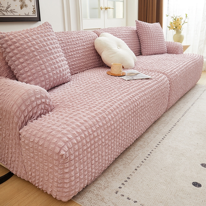 91家纺网 家纺一手货源 找家纺 丝绮鹿 2025新款泡泡爆米花系列—直排松紧款沙发套 粉色