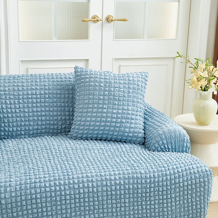 91家纺网 家纺一手货源 找家纺 丝绮鹿 2025新款泡泡爆米花系列—直排松紧款沙发套 湖蓝