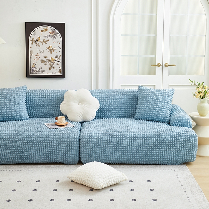 91家纺网 家纺一手货源 找家纺 丝绮鹿 2025新款泡泡爆米花系列—直排松紧款沙发套 湖蓝