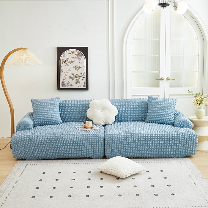 91家纺网 家纺一手货源 找家纺 丝绮鹿 2025新款泡泡爆米花系列—直排松紧款沙发套 湖蓝