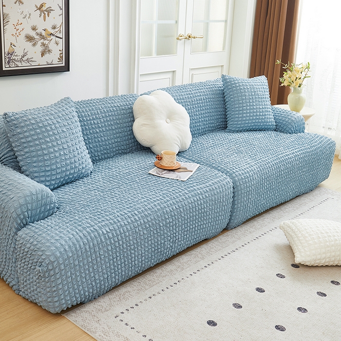 91家纺网 家纺一手货源 找家纺 丝绮鹿 2025新款泡泡爆米花系列—直排松紧款沙发套 湖蓝