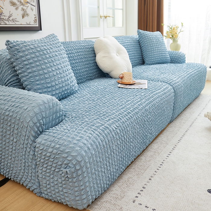 91家纺网 家纺一手货源 找家纺 丝绮鹿 2025新款泡泡爆米花系列—直排松紧款沙发套 湖蓝