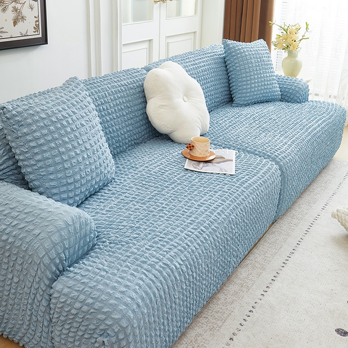 91家纺网 家纺一手货源 找家纺 丝绮鹿 2025新款泡泡爆米花系列—直排松紧款沙发套 湖蓝
