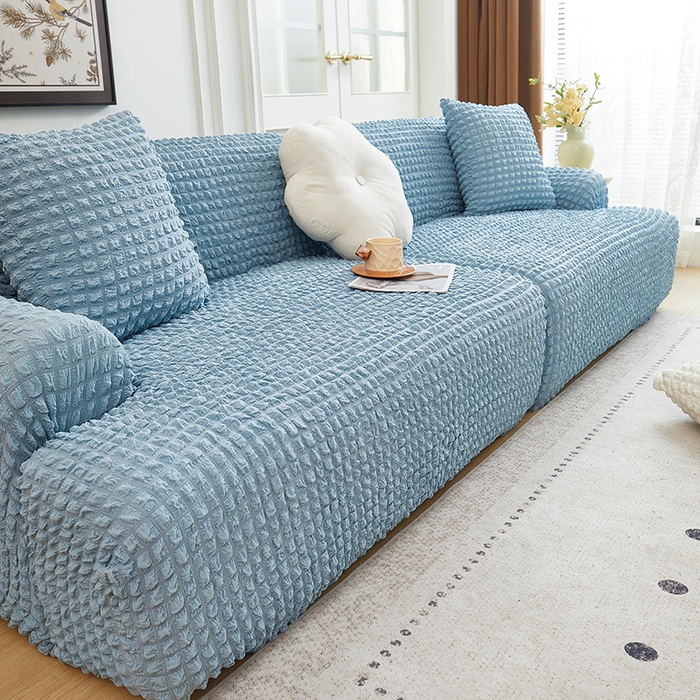 91家纺网 家纺一手货源 找家纺 丝绮鹿 2025新款泡泡爆米花系列—直排松紧款沙发套 湖蓝