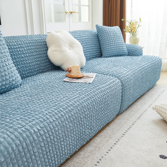 91家纺网 家纺一手货源 找家纺 丝绮鹿 2025新款泡泡爆米花系列—直排松紧款沙发套 湖蓝