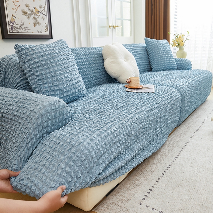 91家纺网 家纺一手货源 找家纺 丝绮鹿 2025新款泡泡爆米花系列—直排松紧款沙发套 湖蓝