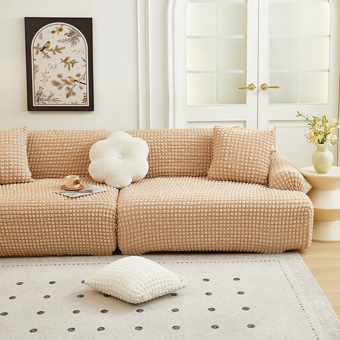 91家纺网 家纺一手货源 找家纺 丝绮鹿 2025新款泡泡爆米花系列—直排松紧款沙发套 米黄