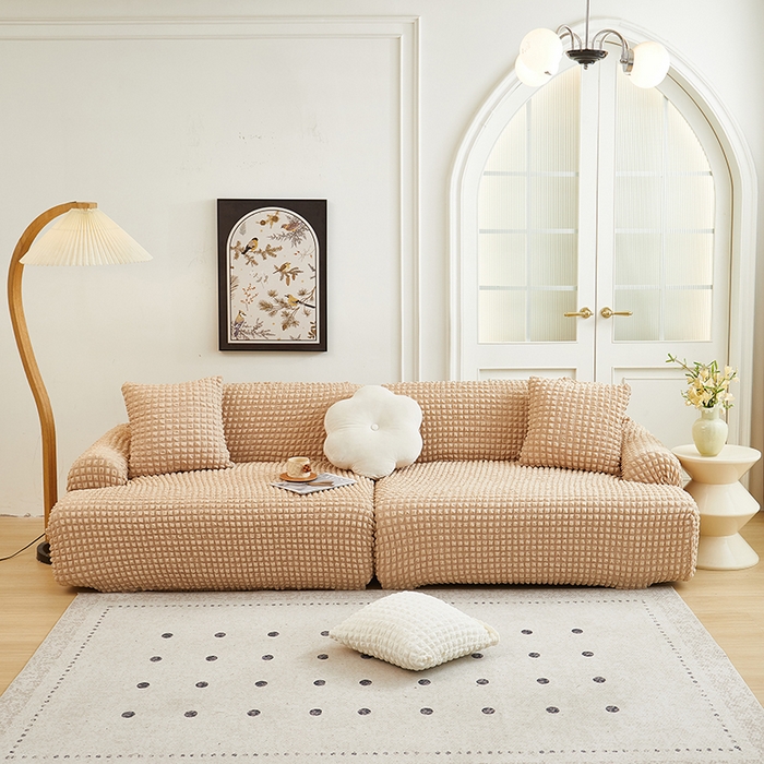 91家纺网 家纺一手货源 找家纺 丝绮鹿 2025新款泡泡爆米花系列—直排松紧款沙发套 米黄