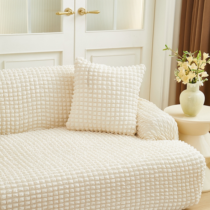 91家纺网 家纺一手货源 找家纺 丝绮鹿 2025新款泡泡爆米花系列—直排松紧款沙发套 乳白