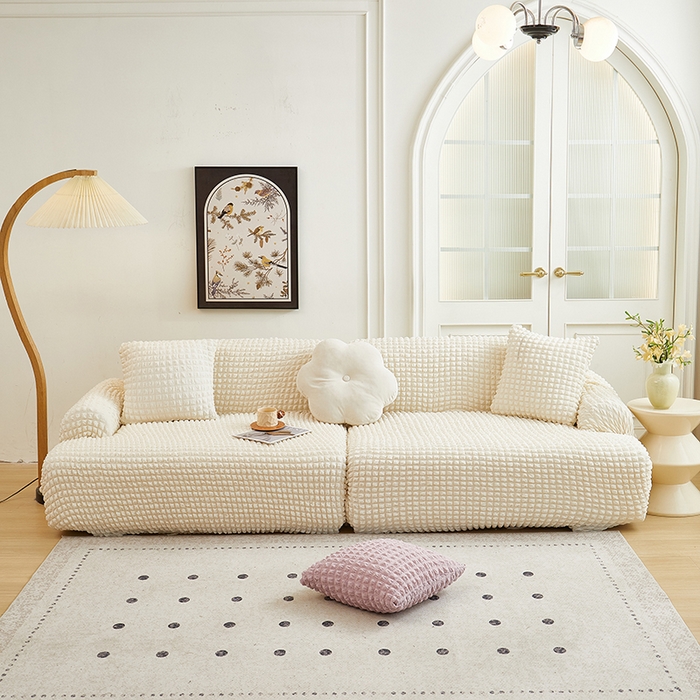 91家纺网 家纺一手货源 找家纺 丝绮鹿 2025新款泡泡爆米花系列—直排松紧款沙发套 乳白