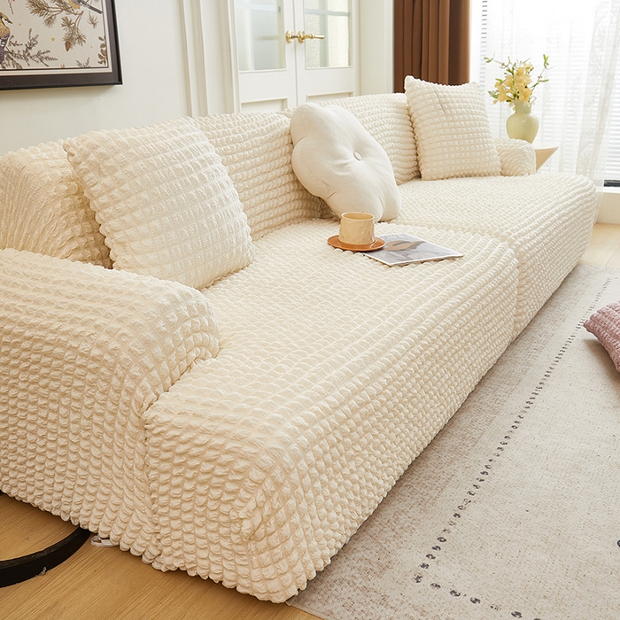 91家纺网 家纺一手货源 找家纺 丝绮鹿 2025新款泡泡爆米花系列—直排松紧款沙发套 乳白