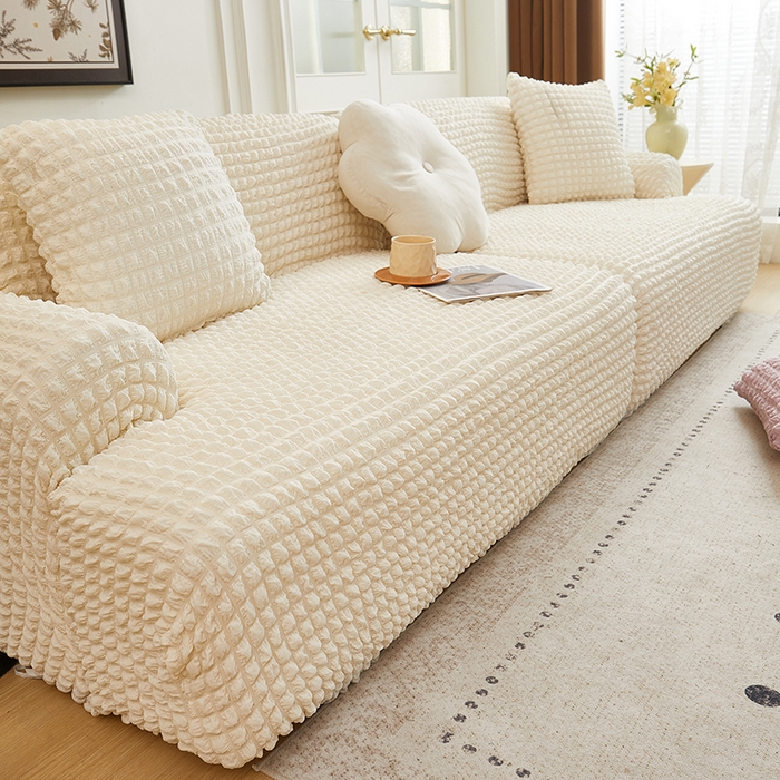 91家纺网 家纺一手货源 找家纺 丝绮鹿 2025新款泡泡爆米花系列—直排松紧款沙发套 乳白