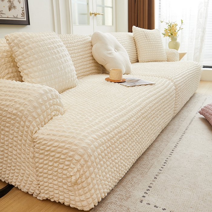 91家纺网 家纺一手货源 找家纺 丝绮鹿 2025新款泡泡爆米花系列—直排松紧款沙发套 乳白