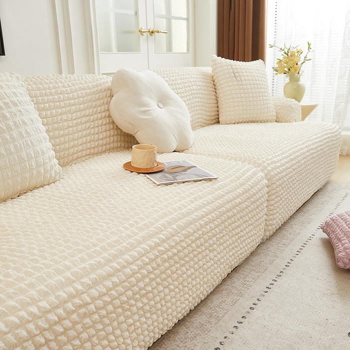 91家纺网 家纺一手货源 找家纺 丝绮鹿 2025新款泡泡爆米花系列—直排松紧款沙发套 乳白