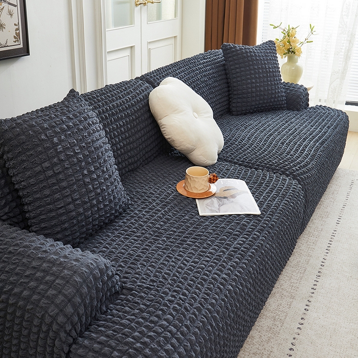 91家纺网 家纺一手货源 找家纺 丝绮鹿 2025新款泡泡爆米花系列—直排松紧款沙发套 碳灰