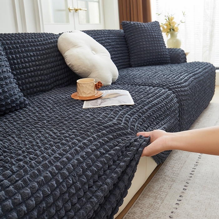 91家纺网 家纺一手货源 找家纺 丝绮鹿 2025新款泡泡爆米花系列—直排松紧款沙发套 碳灰