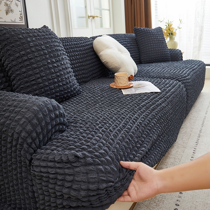 91家纺网 家纺一手货源 找家纺 丝绮鹿 2025新款泡泡爆米花系列—直排松紧款沙发套 碳灰