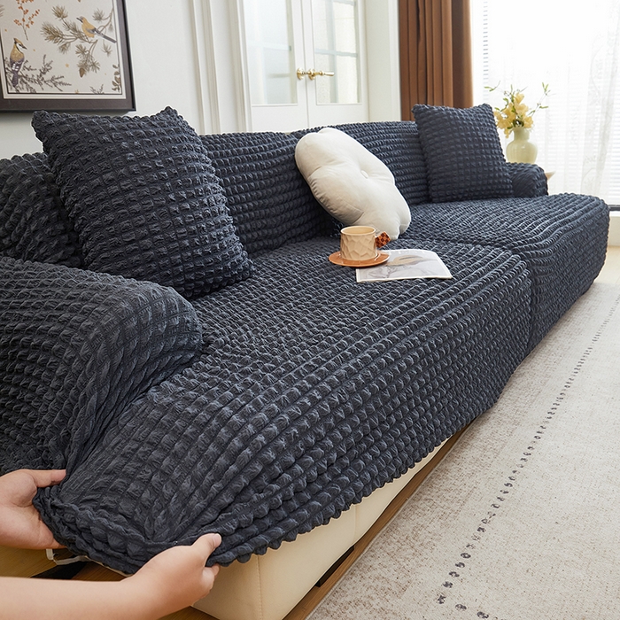 91家纺网 家纺一手货源 找家纺 丝绮鹿 2025新款泡泡爆米花系列—直排松紧款沙发套 碳灰