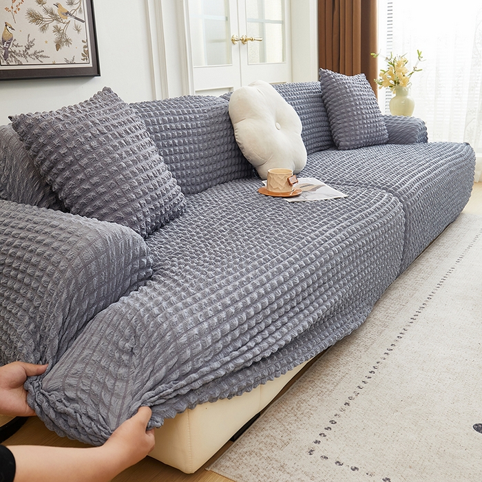 91家纺网 家纺一手货源 找家纺 丝绮鹿 2025新款泡泡爆米花系列—直排松紧款沙发套 银灰