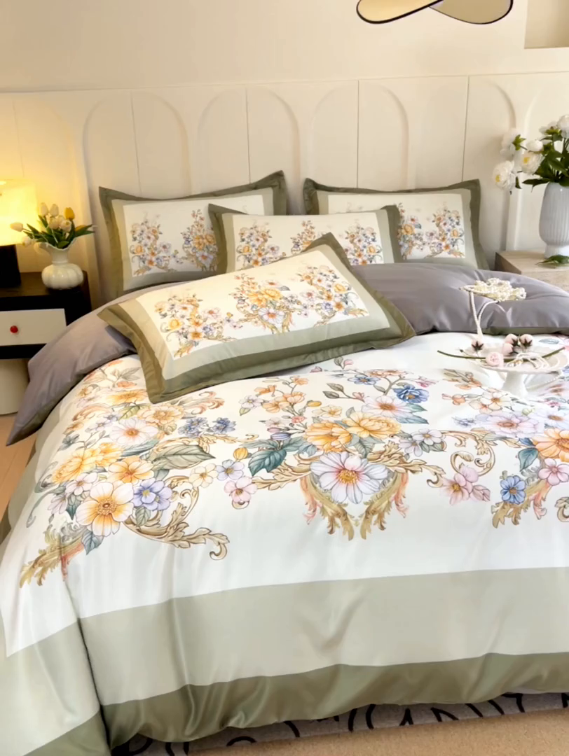 91家纺网 家纺一手货源 找家纺 大麦乐田 2025新款数码印花大版花卉四件套 罗马假日